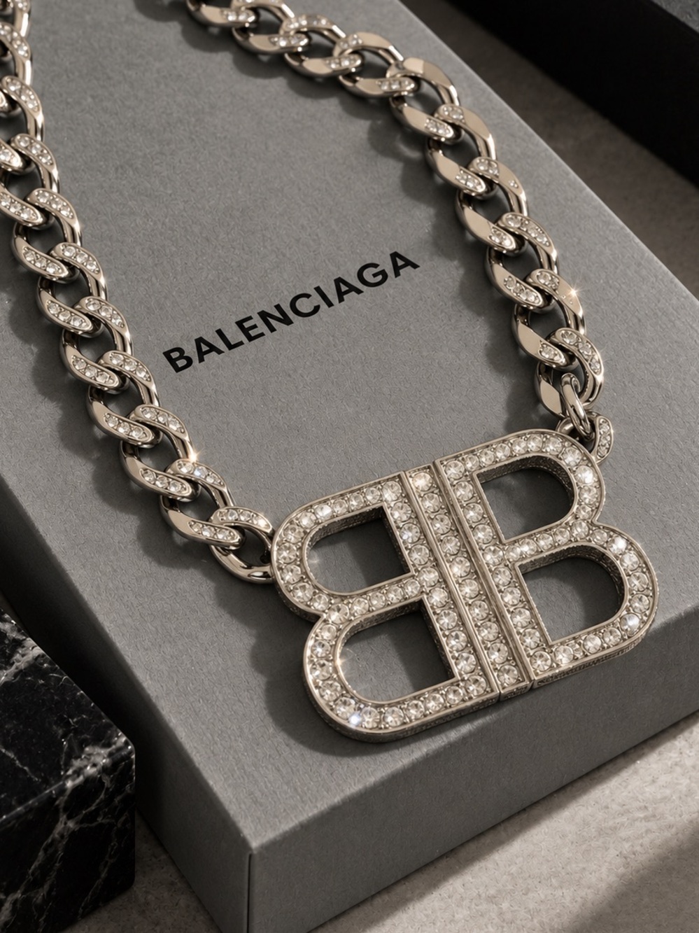BALENCIAGA Silver Tone Crystal BB Link Necklace in Metal NEW